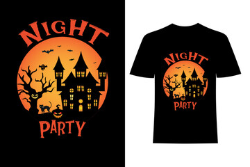 Night Party Halloween T-Shirt Design Vector Graphic. scary devil soul house, bats, tree t shirt design with eye-catching vector.