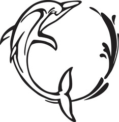 dolphin happy jumping in circular motion with water trail isolated vector illustration line drawing silhouette black outline