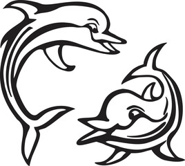 dolphin dolphins happy swimming jumping playing in water in motion isolated line drawing silhouettes