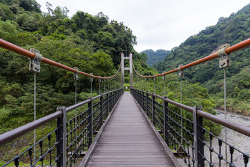 Wooden suspension bridge in forest