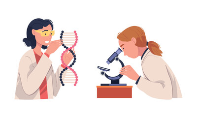 Woman Scientist Character in White Coat Conducting Experiment and Research Vector Set