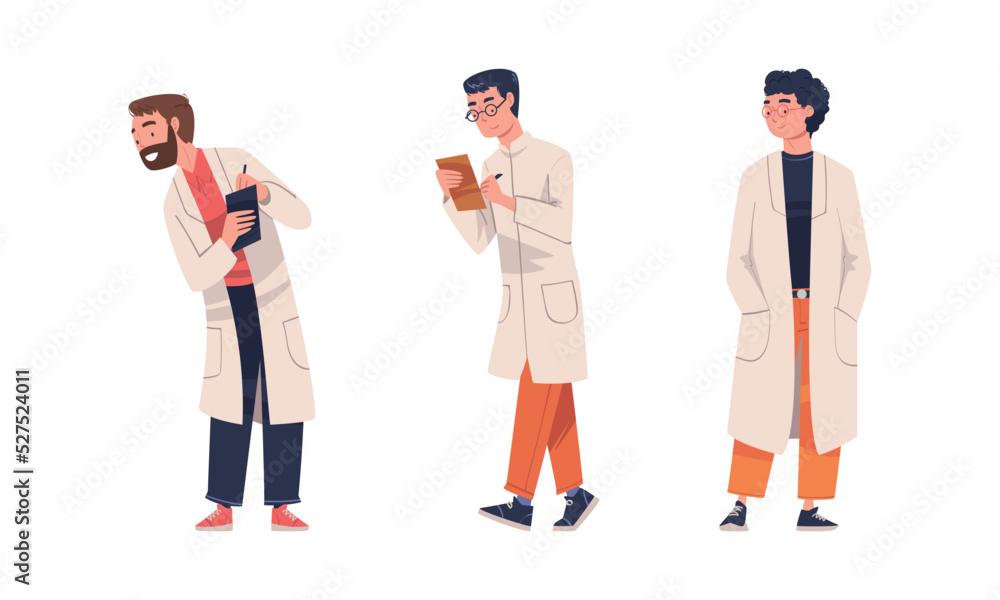 Poster man scientist character in white coat conducting experiment and research vector set