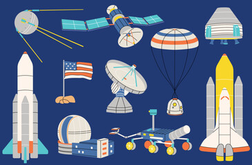 Set space flat vector objects. Trendy colorful illustration rockets, spaceship, mars rover, observatory, satellite, station, flag on moon, parachute capsule. Cosmos, Astronomy, exploration, universe.