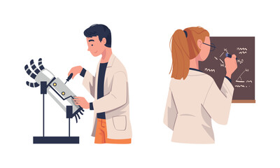 Man and Woman Scientist Character in White Coat Conducting Experiment and Research Vector Set
