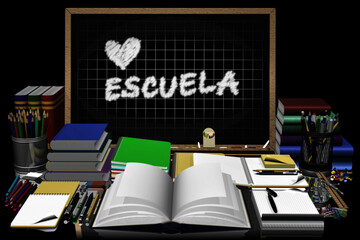 Lavagna centrale con testo Io amo la scuola. Materiale di cancelleria utilizzato a scuola,università, ufficio.