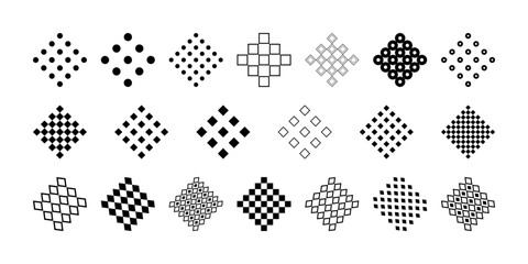 Decorative elements in minimalistic memphis style. To create unique design, decor or collage, geometric patterns of circles, squares and rhombuses. Set of simple square patterns - mesh, grid, lattice.