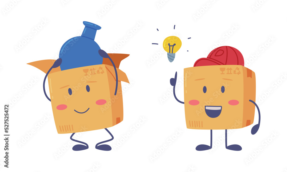 Poster cute delivery cardboard box character putting blue vase inside and having idea with light bulb vecto