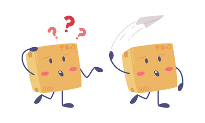 Cute Delivery Cardboard Box Character Asking Question and Flying Paper Plane Vector Set