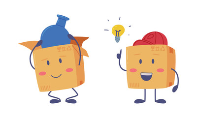 Cute Delivery Cardboard Box Character Putting Blue Vase Inside and Having Idea with Light Bulb Vector Set