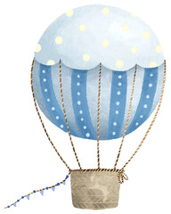 cute childish watercolor illustration, hand painted art with transport, hot air ballon