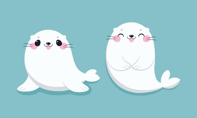 Cute Seal with White Fur and Pink Cheeks Smiling on Blue Background Vector Set