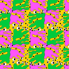 Abstract hand drawn monster shapes with eyes. Bright colors seamless pattern. Halloween party illustration