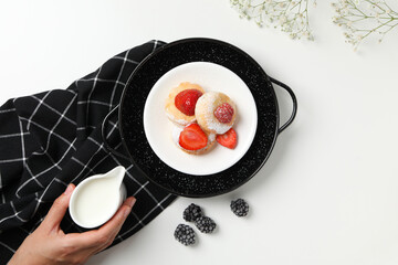 Concept of tasty sweet food, cheese pancakes, top view