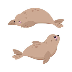 Funny Seal with Cute Snout Having Beige Fur and Fins Lying Vector Set