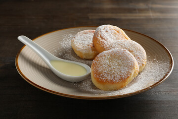 Concept of tasty sweet food, cheese pancakes, close up