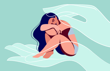 vector image on the theme of mental health. a very sad girl in depression and despair needs psychological help and support. victim of domestic violence, abuse, harassment. helping and protective hands