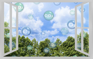 Tree canopy against a sky background with oxygen O2 and carbon dioxide CO2 molecules - Carbon...