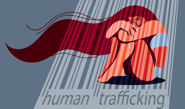 vector image on the theme of kidnapping and human trafficking, violence against women. a girl sitting on the floor behind prison bars in her underwear. human slavery, forced prostitution, sexual abuse