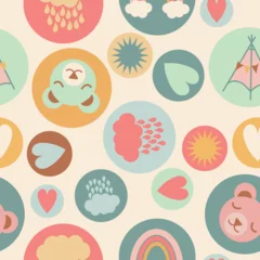 Fototapeten Rainbows, clouds, suns, raindrops, tents, hearts and buntings seamless repeat pattern on light yellow background for kids. The motifs are inside of circles. Suitable for clothes, nursery, fabric, home © Elisabeth Cölfen
