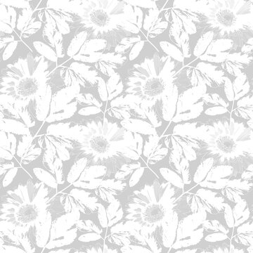 Seamless monochrome floral pattern. White flowers on a light gray background.