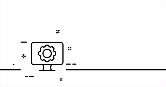 Monitor with gear. Mechanism, wheels, construct, build, device, mechanical, builder, technology. Construction concept. One line drawing animation. Motion design. Animated technology logo. Video 4K