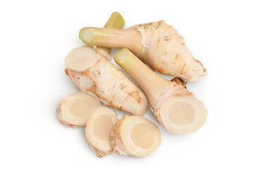 Fresh galangal root with slices isolated on white background with full depth of field. Top view. Flat lay