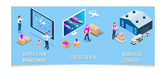 3D isometric concept of Global logistic network and Smart Logistics with Delivery, transport, export, import, cargo and more.