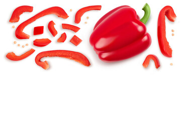 slices of red sweet bell pepper isolated on white background. Top view with copy space for your text. Flat lay