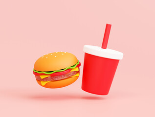 Set of Hamburger and soda fast food cartoon icon sign or symbol restaurant logo background 3D illustration