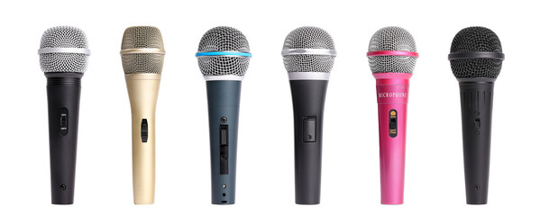 Set of microphones isolated on white background.