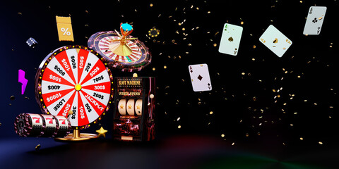 Online casino. 3D realistic roulette wheel and slot machine on black with neon background. 777 Big win concept banner casino. Gambling concept design. 3d rendering illustration