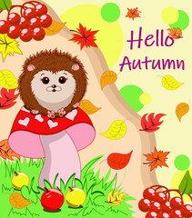 Children's banner Hello autumn. Cute hedgehog on a red mushroom and falling autumn leaves. Design for a flyer, poster, sale, greeting card, print, flyer, book, wallpaper.
