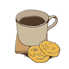 A cup of tea or coffee standing on a table, with biscuits, vector hand drawn illustration, isolated on a white background