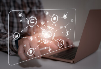 Businessman using on global network connection on investor and customer with sale data exchange and development of business. Technology and digital 