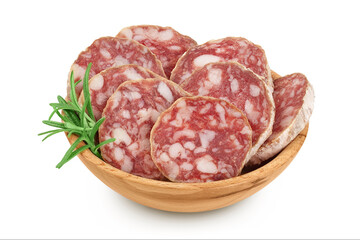 Cured salami sausage in wooden bowl isolated on white background. Italian cuisine with full depth...