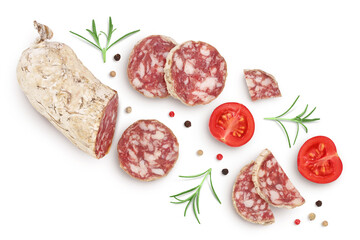 Cured salami sausage slices isolated on white background. Italian cuisine with full depth of field....