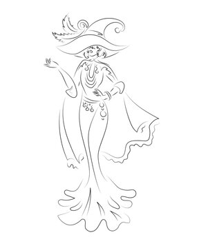 Hand-drawn drawing in the art line style. Elegant witch in the hat. Black and white outline design for Halloween decoration. Greeting cards, prints.