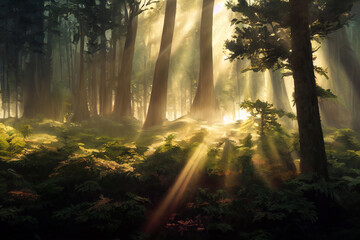 Rays of sunlight at sunset misty fantasy evening forest.