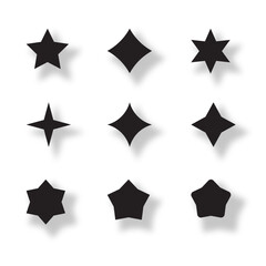 Black stars set. Different shapes star with shadow