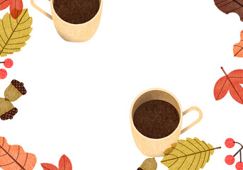 秋らしい紅葉や木の実とコーヒーの背景素材イラスト。