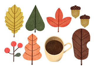 かわいい秋の落ち葉や紅葉、どんぐり、木の実たちとコーヒーの素材イラスト © 美希 柴崎