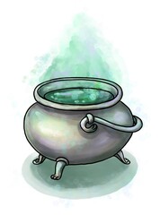 Steel dark magic cauldron with green liquid boiling poison potion. Halloween party item. Hand drawn illustration isolated on a white background. 