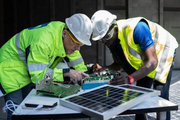 solar power plant engineers and examining photovoltaic panels. Concept of alternative energy and its service. Electrical and instrument technician..