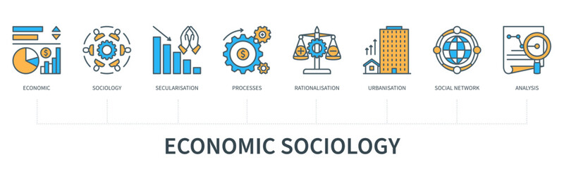 Economic sociology concept with icons in minimal flat line style - obrazy, fototapety, plakaty