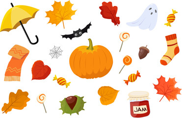 Autumn cozy icons set. Fall season. Halloween decorations. Autumn leaves and objects for decoration. Vector illustration