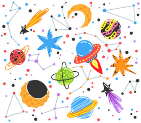 Colorful space collection with planets, comets, constellations, ufo and stars. Night sky hand drawn doodle astronomical background