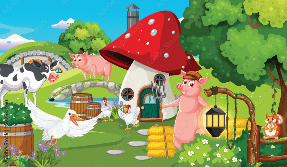 Wall mural Cartoon scene with farm animals