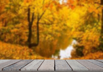 Naklejka na ściany i meble Wooden table top on blur light forest or gardent.Autumn leaves or spring concept.For montage product display or design key visual layout.View of copy space.