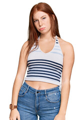 Obraz premium Young read head woman wearing casual clothes depressed and worry for distress, crying angry and afraid. sad expression.