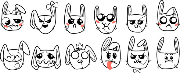 Cute Kawai rabbits. Different expression muzzles bunnies in doodle style. Angry, cheerful, joyful, happy, sick, love, suspicious, playful, laughing kawaii hare